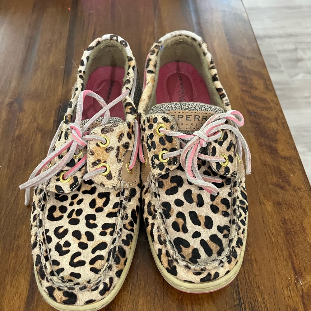 Sperry Leopard Print Moccasins with Pink Accents
